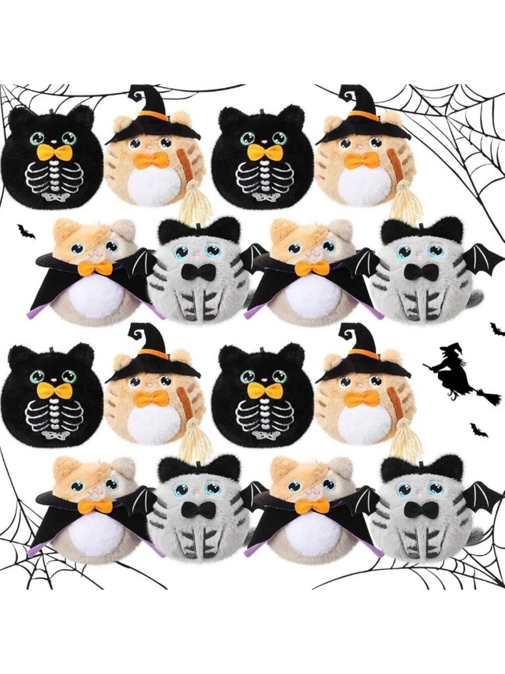 16 Pcs Halloween Plush Cat Keychains - Cute Stuffed Animal Accessories, Bulk Set